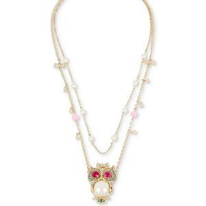 Betsey Johnson Gold-Tone Multi-Stone & Imitation Pearl Owl Pendant Double-Row Ne